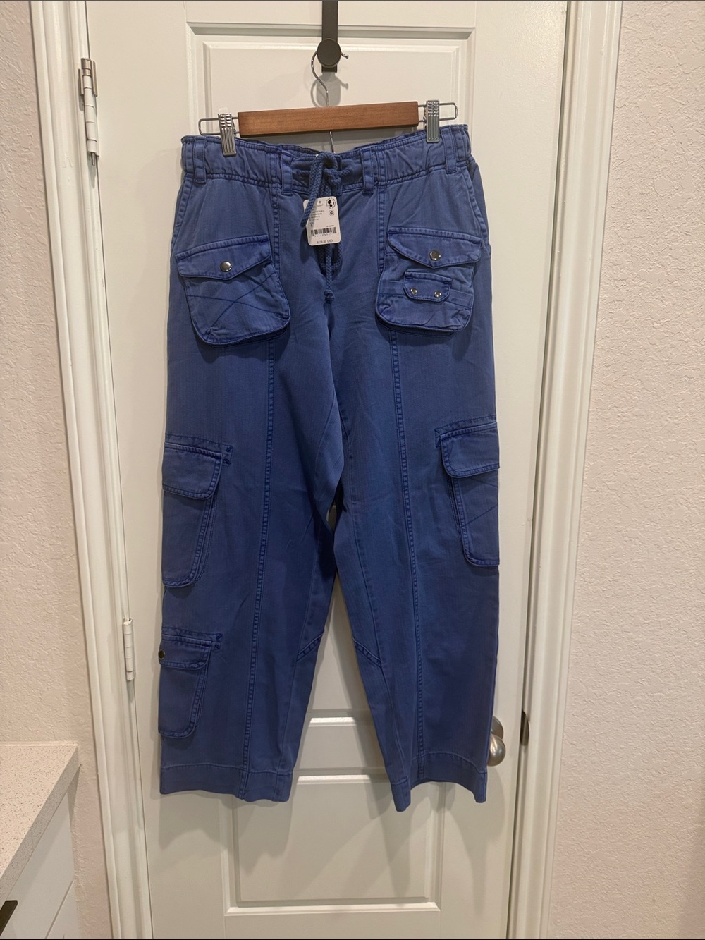 Free People Tahiti Light Blue Cotton Elastic Drawstring Waist Cargo Pants
